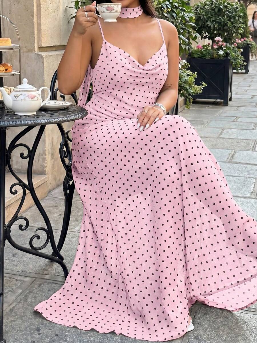 GalTyme Pink Plus Size Summer Elegant Polka Dot Print Cami Dress - Pink - View 1