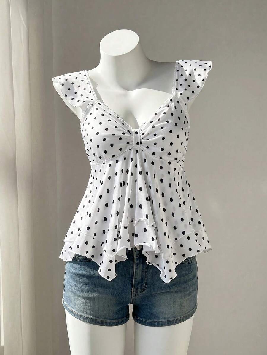 SHEIN 青少年女孩休閒簡約Y2K黑白圓點印花抓皺繫帶前襟T恤 - 黑與白 - 查看 1