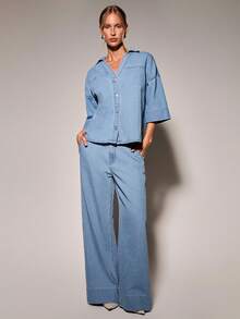 COSMINA Denim Set Denim Wanita Lengan Gulung Rumbai Warna Polos Kancing untuk Ulang Tahun, Sehari-hari, Pergi Keluar, Liburan, Biru Muda, Musim Panas, Kasual - Biru - View 3