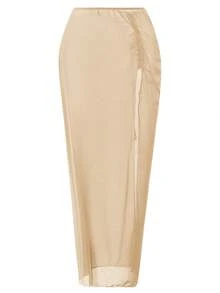 Swim SXY Women's Sexy Beach Vacation Style Drawstring Ruched Knot High Slit Hem Cover-Up Skirt - Apricot - View 2
