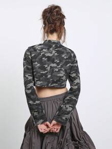 COUREZ Shrunken Long Sleeve Camo Drummer Military Jacket Y2K Streetwear Autumn Rave Fall Women's Denim Jean Summer Outfits Everyday Grey Camo - Multicolor - View 3