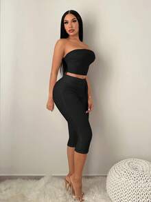 SHEIN SXY 女款休閒日常通勤簡約百搭素色打結腰緊身六分內搭褲 - 黑色 - 查看 7