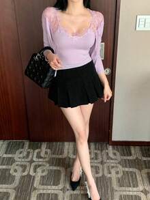 DAZY 2件組 女款拼接蕾絲飾邊修身背心與長袖開襟衫休閒度假夏季針織衫 - 紫色 - 查看 7