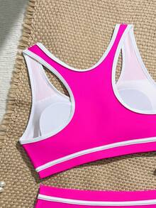 Teen Girl Colorblock Tank Top And Triangle Bikini Bottom Swimsuit Set For Beach Vacation - Hot Pink - View 4