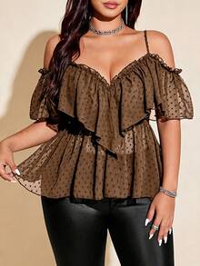 Viva Relle Plus Size Women's Sexy Off-Shoulder Backless Ruffle Trim Blouse - Brown - View 6