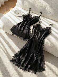Moireta French Mature Elegant Eyelash Lace Minimalist Glossy Color Satin Double Slit Camisole Nightgown 2pcs/Set - Black - View 1