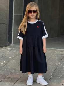 Dazy Kids Young Girl Contrast Trim Round Neck Casual Versatile Dress Spring Summer - Navy Blue - View 2