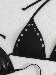 26SS Primavera/Verano Top de Bikini de Cuello Triangular con Patrón de Maíz en Cuero Charol 2 piezas - Negro - Ver 3
