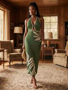 CAJUNI Women's Leaf Print Halter Neck Casual Party Long Dress - Green - View 6