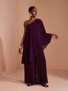 JIAN LASALA Women Chiffon Boho Asymmetrical Neck Long Sleeve Wide Leg Jumpsuit - Chocolate Brown - View 5