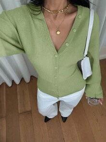 Siren Gaze 女款素色鈕扣開襟修身腰線針織開襟衫，前開式，休閒，日常穿著，秋冬 - 薄荷綠 - 查看 6