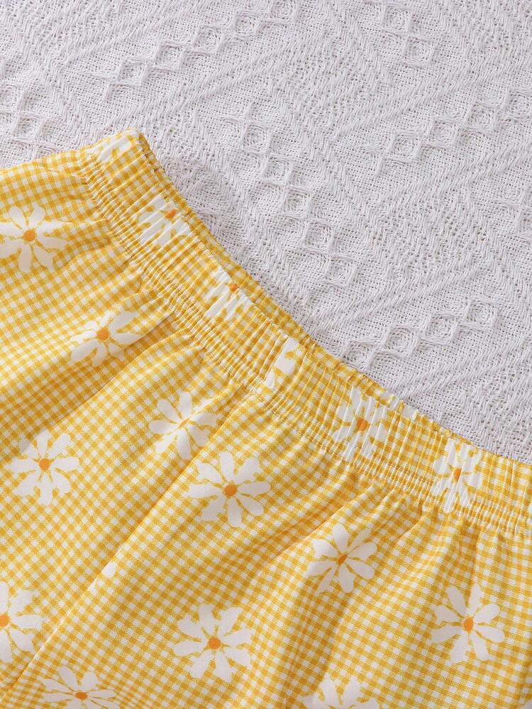 Elladie kids 2026年少女超可愛時尚夏季套裝，格紋印花雛菊上衣 + 短褲 2件組 - 黃色 - 查看 7