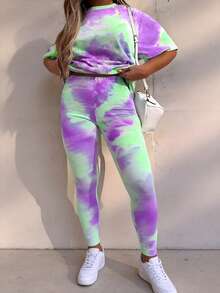 Maweii Set da 2 pezzi per taglie forti: maglietta a maniche corte con stampa a lettere e stampa leopardata e leggings - Multicolore - Visualizzare 3