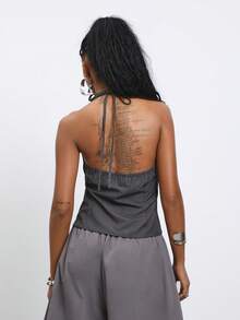COUREZ Halter Pinstripe Tie Front Top /Y2K Sexy Rave Club Night Out Open Front Blouse Women's Summer Outfits Autumn Sleeveless Tops Light Grey - Dark Grey - View 3
