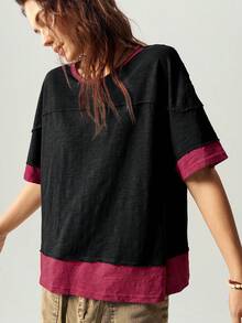 Bohemela Casual Knit Colorblock Crew Neck Short Sleeve Loose Fit Women's T-Shirt - Black - View 4