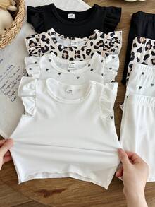 SHEIN 8件組/女嬰0-3歲春夏季新品休閒日常外出可愛素色針織不對稱螺紋短袖背心T恤上衣與短褲套裝 - 彩色 - 查看 4