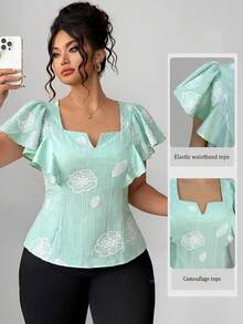 SHEIN Clasi Plus Size Women's Light Green Ruffle Hem Short Sleeve Fitted Blouse Wedding Guest Vacation Summer Elegant Eleganza - Mint Green - View 3