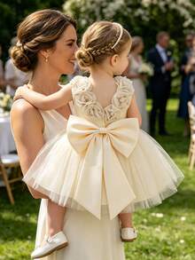 SHEIN Glamorique Kids 女嬰白色緞面網紗高階正式禮服，附3D花朵、大蝴蝶結背部、蓬蓬裙，適合婚禮、生日派對花童，夏季優雅款 - 杏色 - 查看 2