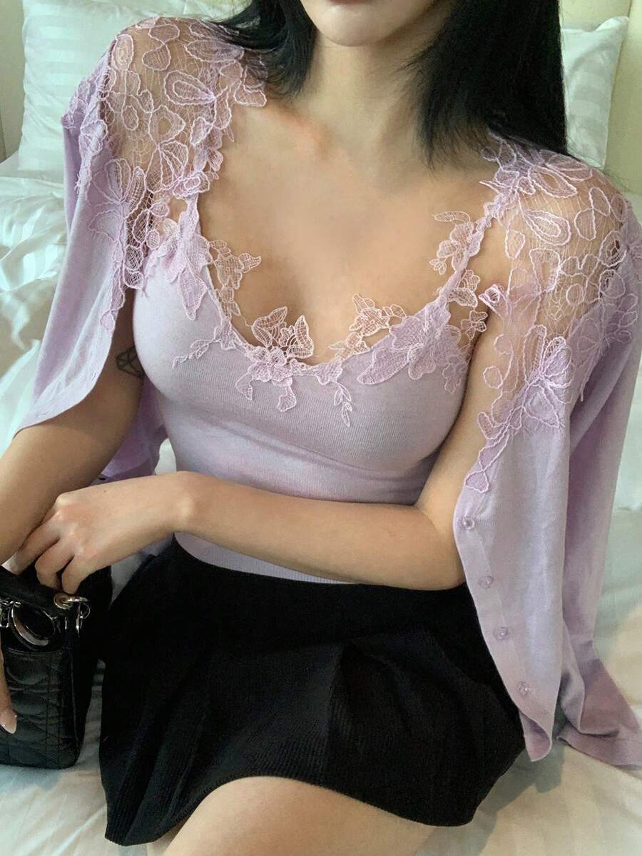 DAZY 2件組 女款拼接蕾絲飾邊修身背心與長袖開襟衫休閒度假夏季針織衫 - 紫色 - 查看 1
