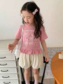 Dazy Kids 女童字母印花 3D 蝴蝶結裝飾短袖 T 恤與花苞短褲 2 件套 夏季 - 珊瑚粉 - 查看 5