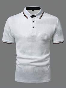 EGENSIO Men's Knit Jacquard Textured Collar 3-Button Polo Shirt, Ceremony - White - View 6