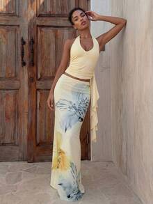 Aloruh Trang phục nghỉ hè cho nữ: Áo crop top cổ xếp ly in họa tiết hoa nhiệt đới và chân váy đuôi cá xếp tầng gợi cảm. Đồ đi biển mùa hè, trang phục nghỉ mát biển cho nữ, trang phục nghỉ mát nhiệt đới phong cách Bohemian cho nữ, đồ đi biển lưới hoa cho nữ, bộ đồ in hoa màu vàng, trang phục nghỉ mát nhiệt đới cho nữ, bộ đồ mùa hè. - Vàng nhạt - Xem 3