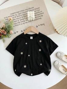SHEIN LMoss Kids 少女針織刺繡圓領寬鬆休閒T恤 - 黑色 - 查看 3