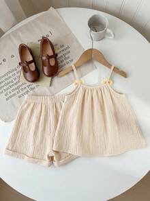 SHEIN LMoss Kids 少女花卉鉤編吊帶上衣與鉤編飾邊短褲套裝 西式連身短褲套裝 女孩 棕色 - 杏色 - 查看 6