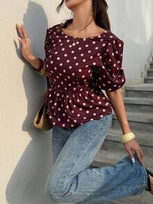 SHEIN Frenchy Women's Back Lace-Up Open Back Puff Sleeve Brown And Pink Polka Dot Blouse Summer Vintage French Elegant Vacation - Brown - View 6