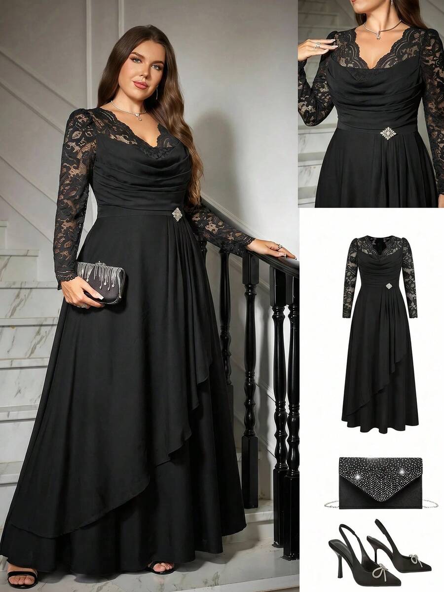 Reflora Plus Size Women's Lace Patchwork Pleated Elegant Waist-Cinched Party Formal Cocktail Dress, Graduation Outfit For Mother Black Autumn - Black - View 1