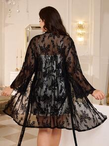 MuseNap CURVE 3pcs Set Sexy Plus Size Hollow Patchwork Print Camisole Nightgown + Lace Sheer Robe Set With Belt, All Season Home Sleepwear - Black - View 2