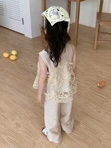 DAZY 嬰兒/幼童(女孩)蕾絲拼接韓式背心上衣 & 寬鬆長褲 2件套上衣套裝 - 杏色 - 查看 4