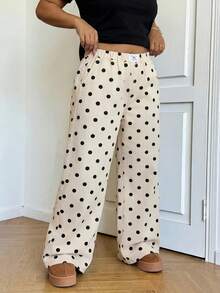 SHEIN EZwear CURVE 女款大尺碼休閒寬鬆彈性腰寬腿牛仔長褲 黑色 - 白色 - 查看 5