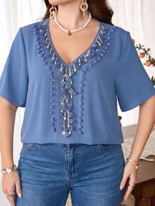 Lacomfia Chemise ample et confortable pour femmes, manches courtes, style décontracté, avec franges en forme de coquillage, grande taille - Bleu azur - Voir 6