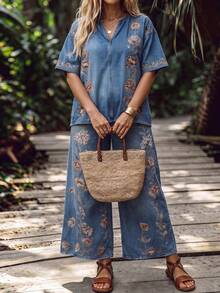 SHEIN LUNE CURVE Spring/Summer Vacation Casual Elegant Denim Effect Print Plus Size Women's Clothing Set Light Blue - Red and White - View 7