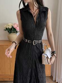 DAZY Women's Elegant Sexy Single-Breasted Lace Fashion Sleeveless Dress Sundress Night Out Dinner Party Night Black Floral Summer - Black - View 5