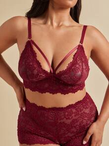 SHEIN BAE CURVE 加大码纯色蕾丝性感文胸和内裤内衣套装，2 件 - 酒紅色 - 查看 1