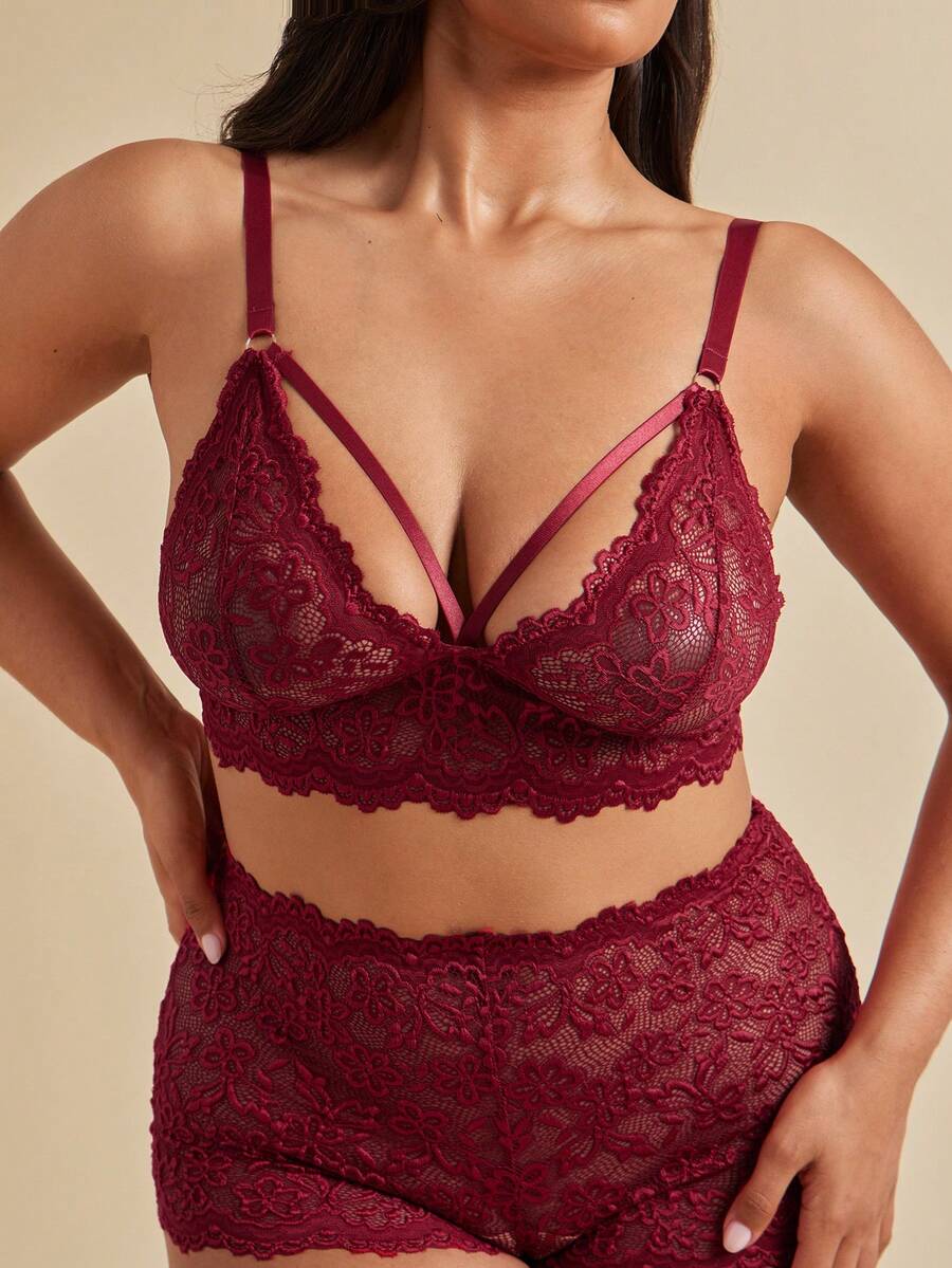 SHEIN BAE CURVE 加大码纯色蕾丝性感文胸和内裤内衣套装,2 件 - 酒紅色 - 查看 1