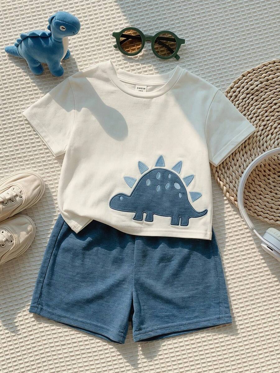 SHEIN 2件套幼儿男女宝宝休闲可爱恐龙刺绣短袖T恤和短裤套装,男宝宝套装,男宝宝夏季服装 - 霧霾藍 - 查看 1