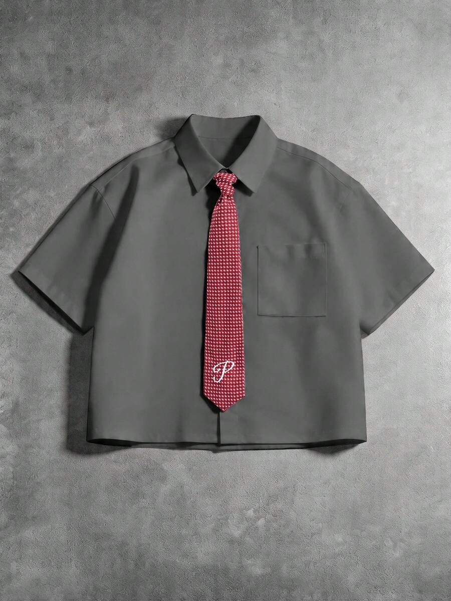 PAVTROS Men's Solid Color Loose Short Sleeve Shirt With Tie - Grey - View 1