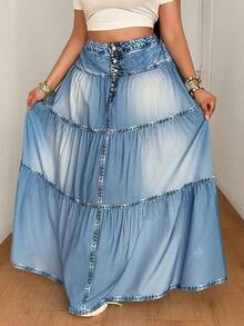 Maweii Rok Panjang Kasual Efek Denim Kancing Depan untuk Wanita Ukuran Plus (Musim Gugur) - Biru - View 8