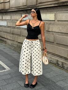 Coolane 女款夏秋街頭風外出休閒復古棉質黑白波點低腰牛仔短褲百慕達七分牛仔褲 - 白色 - 查看 5