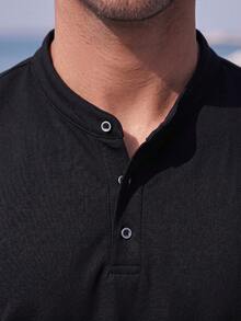 Officeau Men's Casual Solid Color Henley Neck Short Sleeve T-Shirt, Summer - Black - View 5