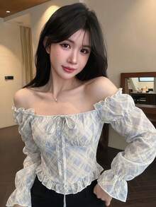 Joudiya 秋季蕾絲露肩上衣 前綁帶收腰短袖女款襯衫 適合婚禮野餐茶會宴會 藍白配色 優雅可愛 長袖 - 藍色 - 查看 2