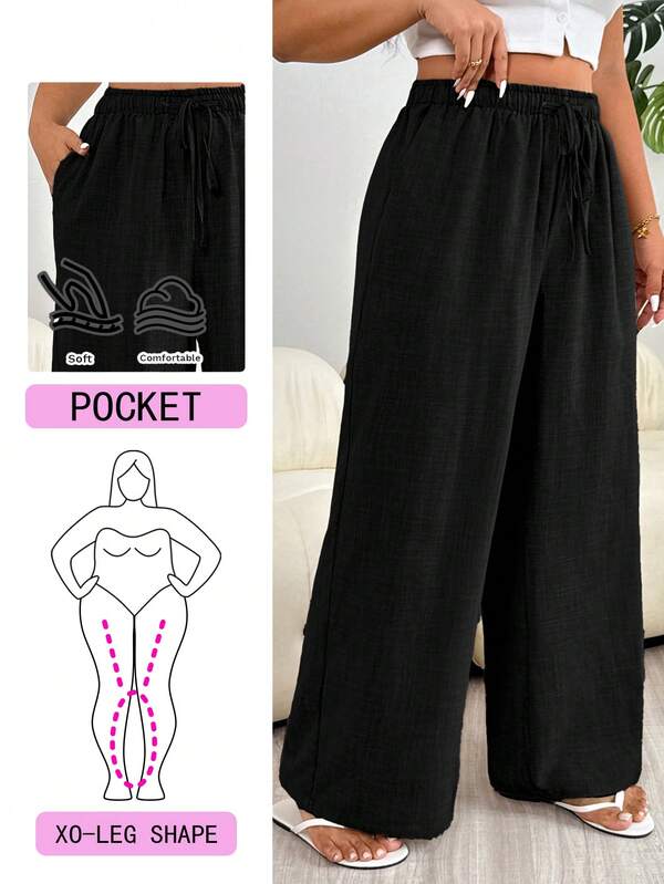 Solflare Spring/Summer New Casual Long Pants For Women Plus Size, Black & Wheat, Loose Fit With Pockets And Lace-Up Waist, Versatile For Outings, Daily Wear, Parties, Commuting, Music Festivals, Back To School, Graduation, Beach Vacation, Street Style, Home Lounging, Store Visiting, City Walks, Suitable As Outerwear Or Layering