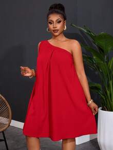Slaydiva Vestido de pierna ancha de un solo hombro sin mangas de unicolor para mujer de talla grande - Rojo - Ver 4