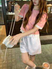 DAZY Áo thun nữ tay ngắn kẻ sọc phối ren và bèo nhún phong cách Hàn Quốc cho mùa hè - Hồng - Xem 8