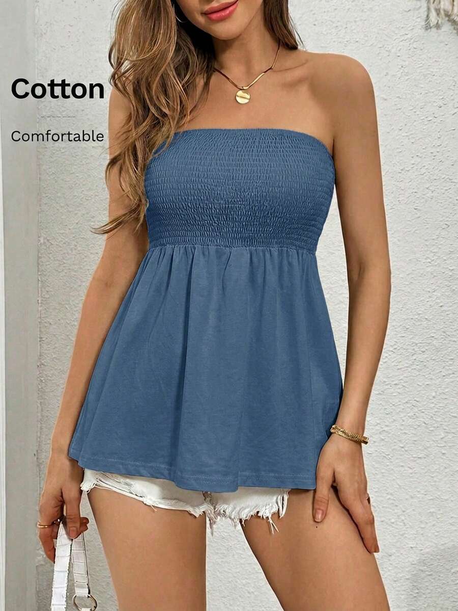 SHEIN Essnce Women's Fashion Solid Color Pleated Bandeau Top - Blue - View 1