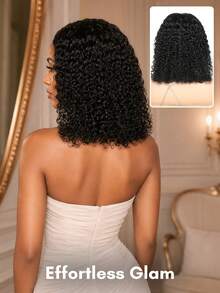 ALL READY WIG Kinky Curly 無膠 Bob 假髮，可調節彈性抽繩人髮蕾絲假髮，女用全套假髮，預漂白、預拔髮、預剪蕾絲，4x4 蕾絲封口無膠假髮，含前髮，100% 人髮 - Natural Black - 查看 2