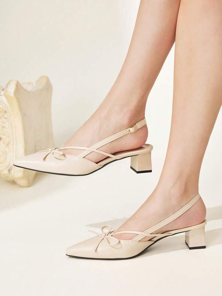 CUCCOO CHICEST Apricot Oily Leather Pointed Bow Slingback Thick Heel Sandals, Workplace Commuting Temperament Shoes